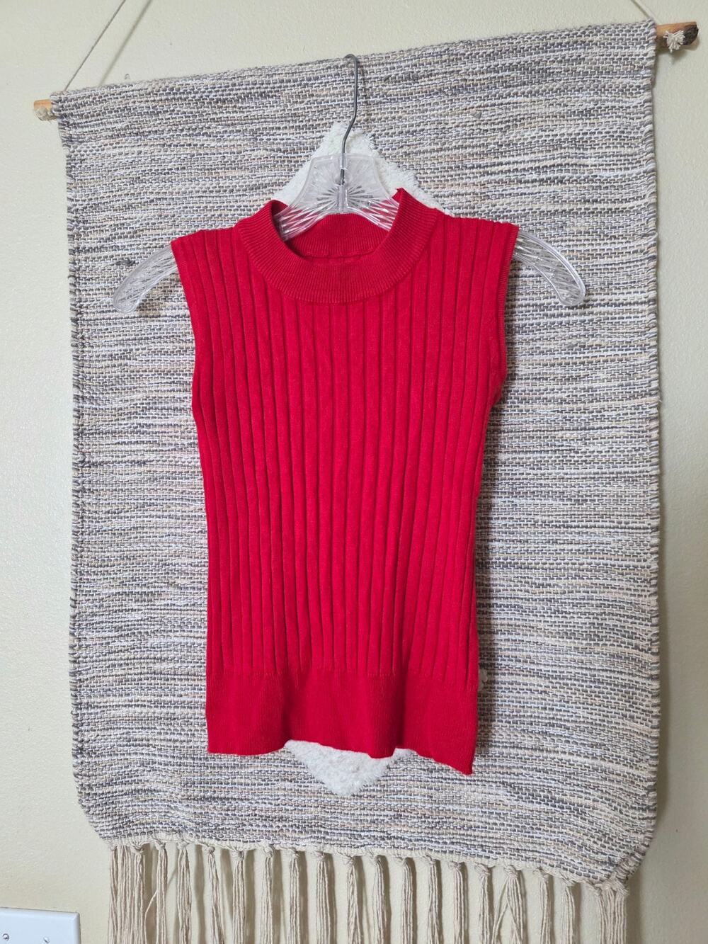 Red Ribbed Knit Sleeveless Mock Neck Top Tunic Stretch XS/S